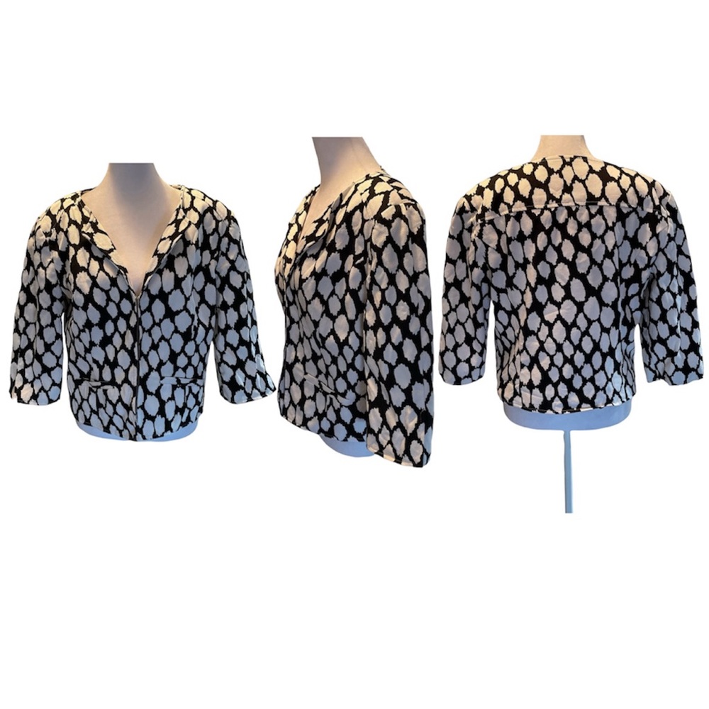 East 5th Black & White Print Cropped Textured Material 3/4 Sleeve Blazer Size L